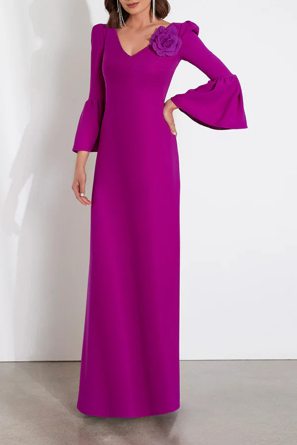 Plum Crepe Sheath Floor-Length Evening Dress with 3D Floral Appliqué & Bell Sleeves
