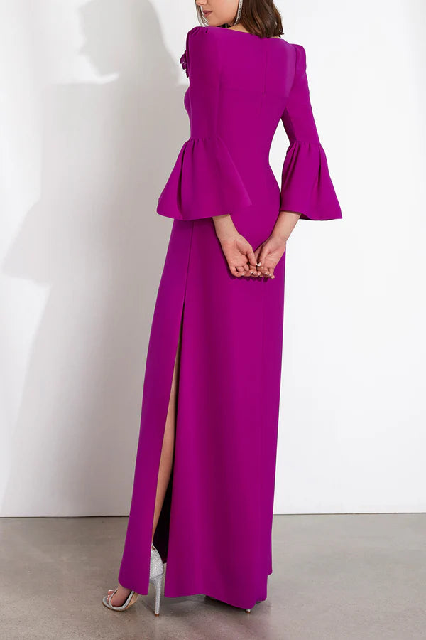Plum Crepe Sheath Floor-Length Evening Dress with 3D Floral Appliqué & Bell Sleeves