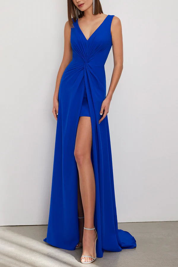 Royal Blue Crepe A-Line V-Neck Floor-Length Dress with High Slit