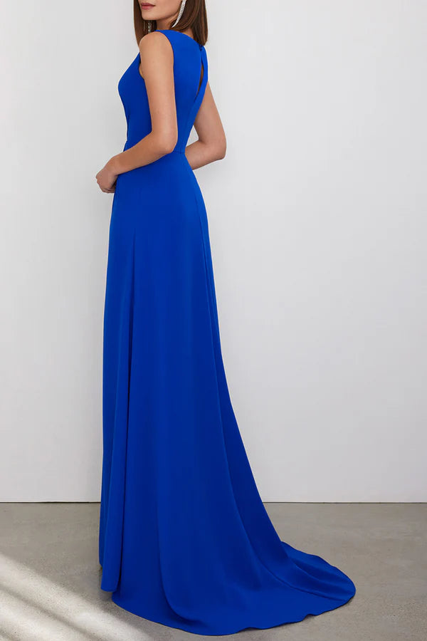 Royal Blue Crepe A-Line V-Neck Floor-Length Dress with High Slit