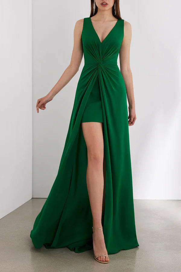 Royal Blue Crepe A-Line V-Neck Floor-Length Dress with High Slit