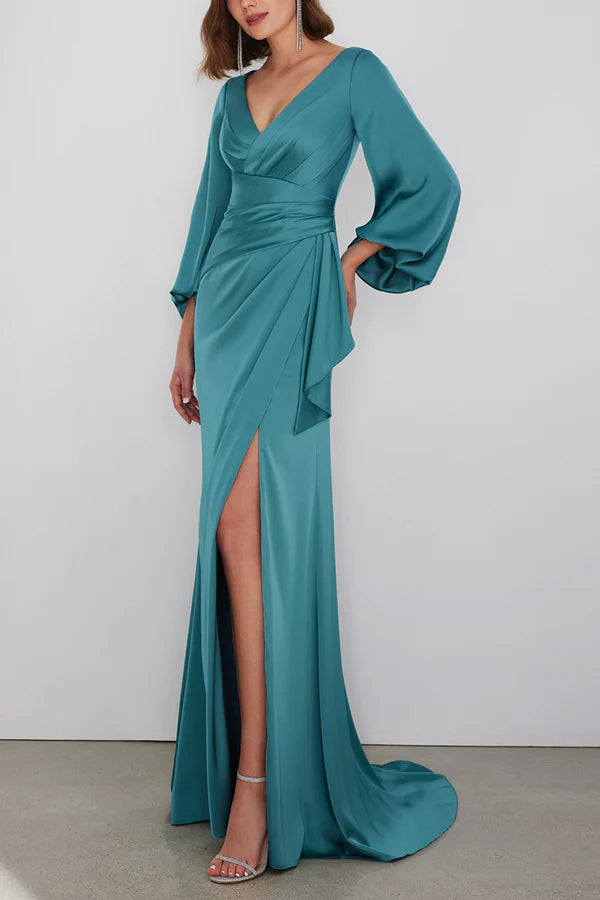 Fashion A-Line V-Neck Long Sleeved Back Zip Floor-Length Side Slit Mother Of The Bride Dress