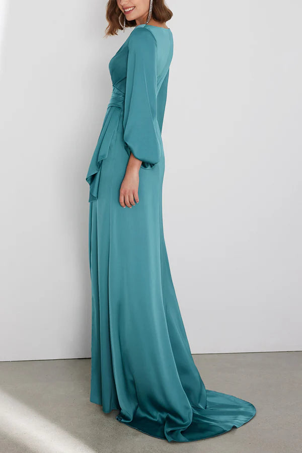 Teal Satin Sheath/Column Floor-Length Gown with Draped V-Neck and Bell Sleeves