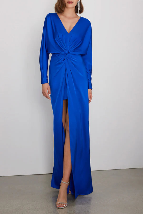 Minimalist V-neck long sleeved pleated slit mother of the bride dresses