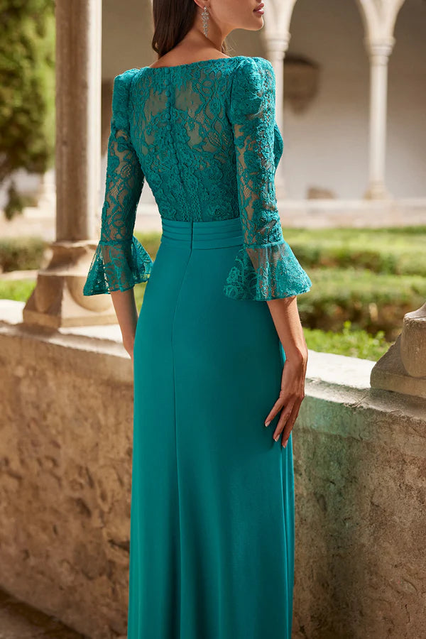 Elegant and luxurious V-neck 3/4 sleeve waistband mother of the bride dresses