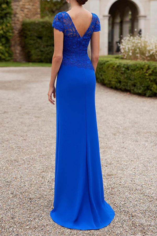 Royal Blue Lace & Crepe Floor-Length Sheath/column Evening Dress with Boat Neck and Back Zip