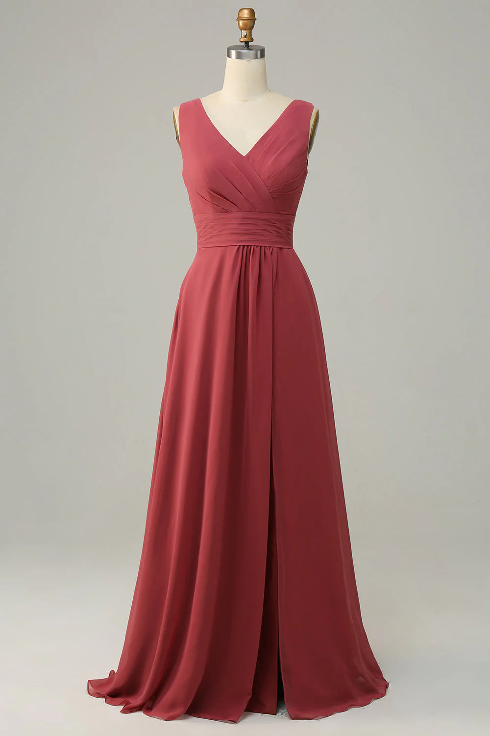 Rust Chiffon A-Line Floor-Length Bridesmaid Dress with V-Neck and High Slit