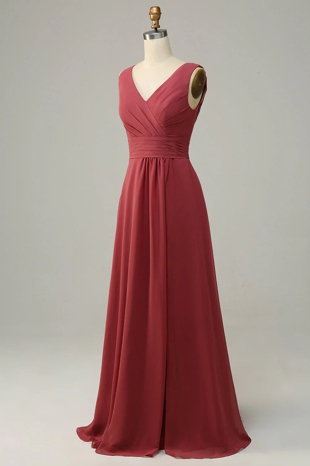 Rust Chiffon A-Line Floor-Length Bridesmaid Dress with V-Neck and High Slit