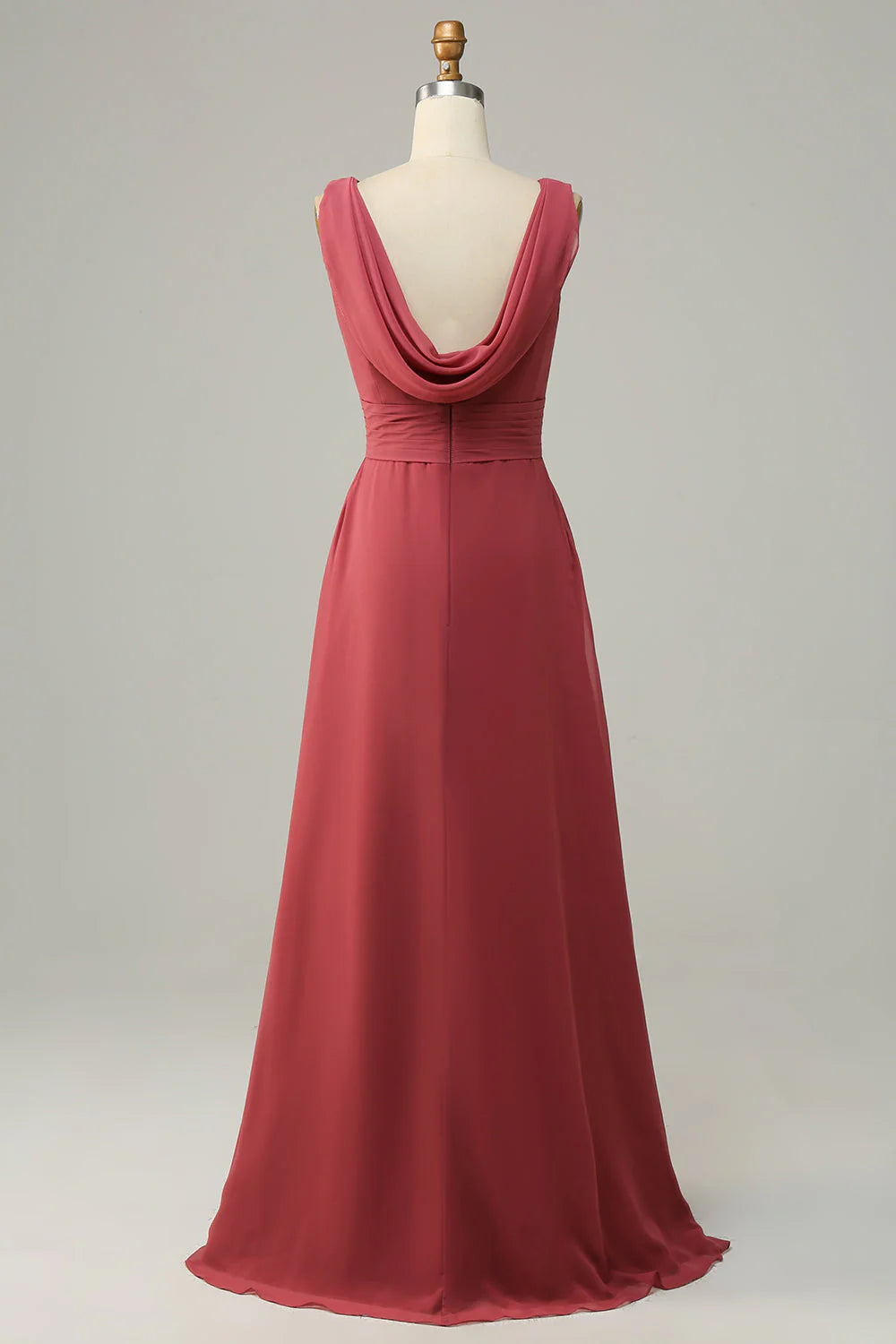 Rust Chiffon A-Line Floor-Length Bridesmaid Dress with V-Neck and High Slit