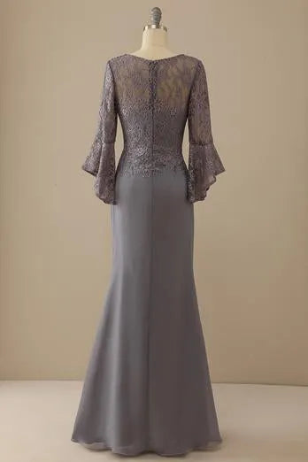 Grey Lace V-Neck Bell Sleeve Sheath Floor-Length Bridesmaid Dress