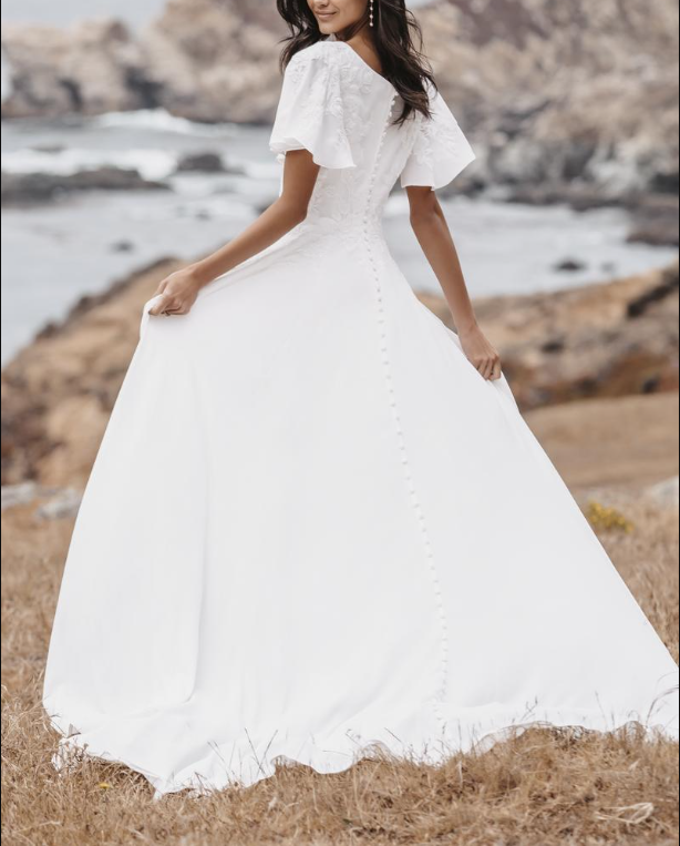 Vestidos de novia blancos cortos, corte A, escote en V, manga corta, largo hasta el suelo, de gasa, con apliques