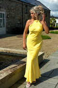 Bright Yellow Satin Halter Mermaid Open Back Prom Dress