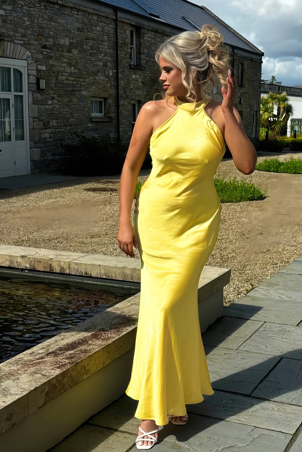 Bright Yellow Satin Halter Mermaid Open Back Prom Dress