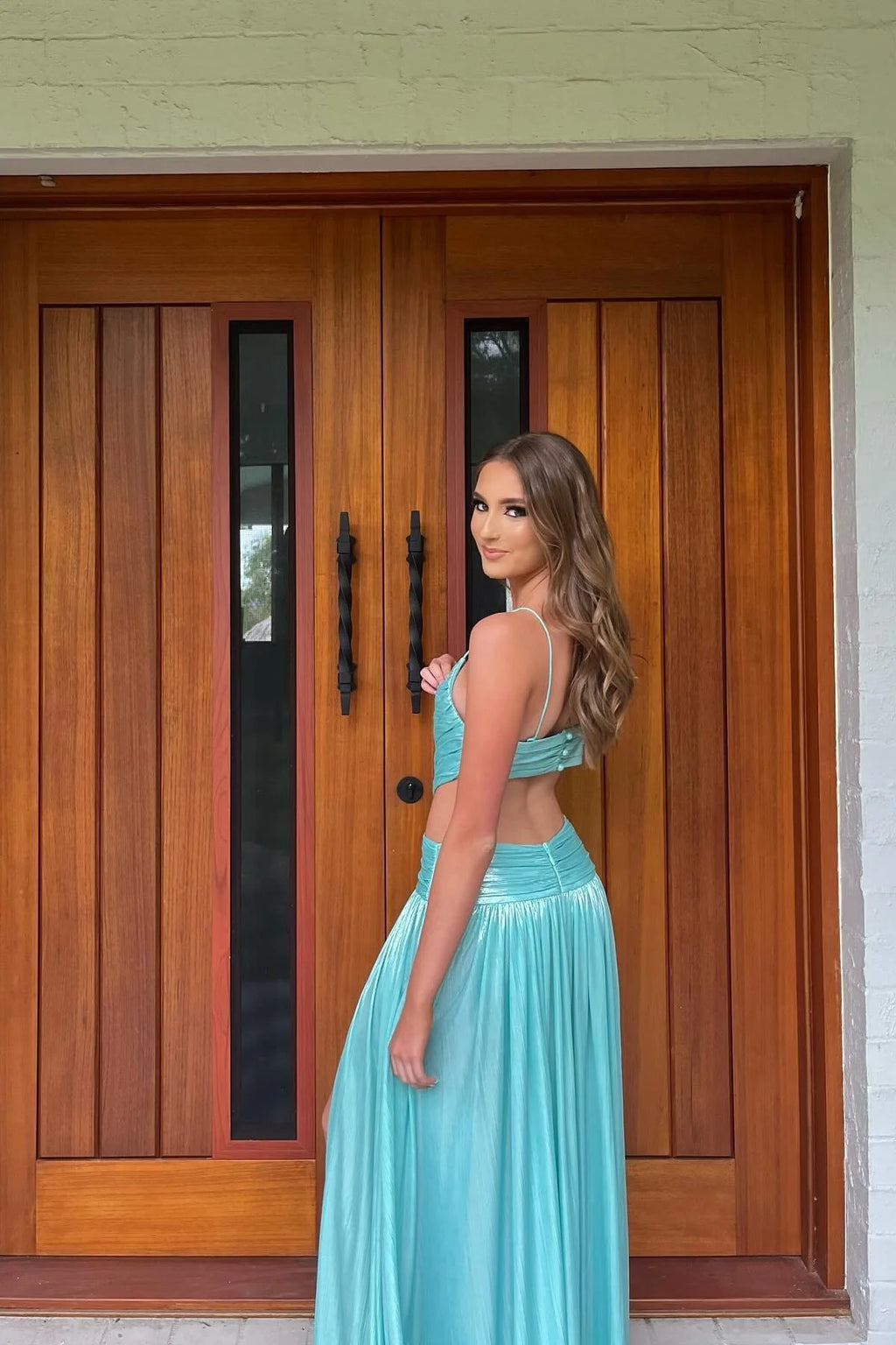 Mint Metallic Spaghetti Strap Cutout Prom Dress