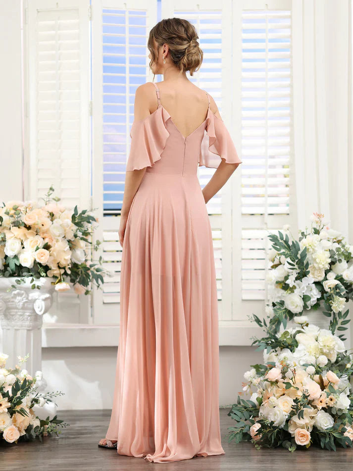 Chiffon Cold-Shoulder Spaghetti-Strap Ruched Bodice High-Low Floor-Length Romantic Bridesmaid Dress