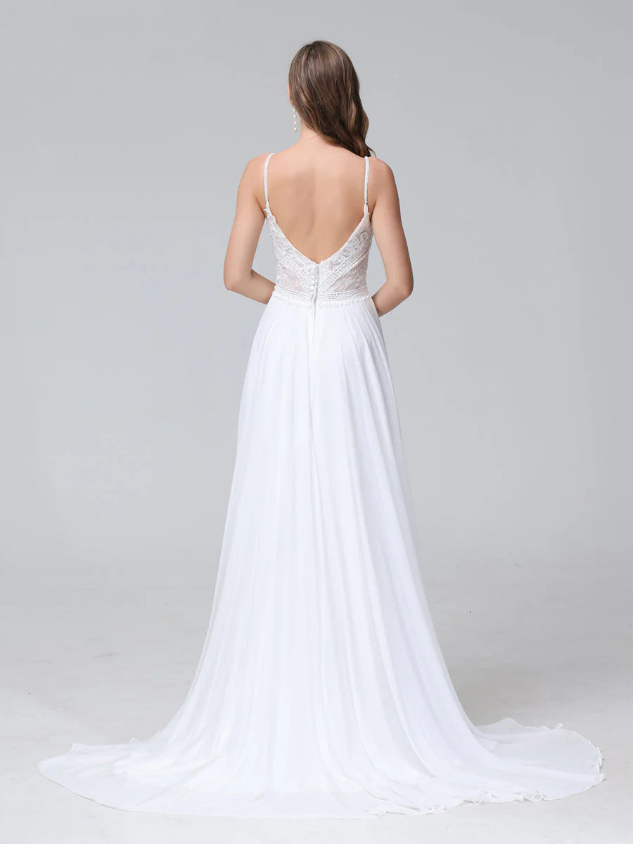 Vestido de novia largo de gasa sin mangas con escote en V y tirantes finos en forma de A