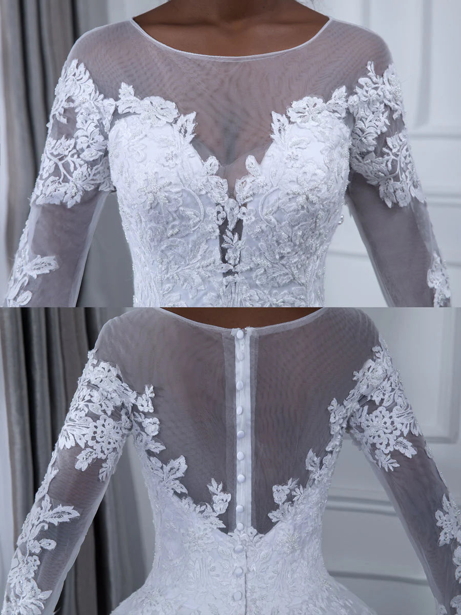 Vestido de novia de gasa de manga larga con cuello transparente y calcomanía con adorno de perlas