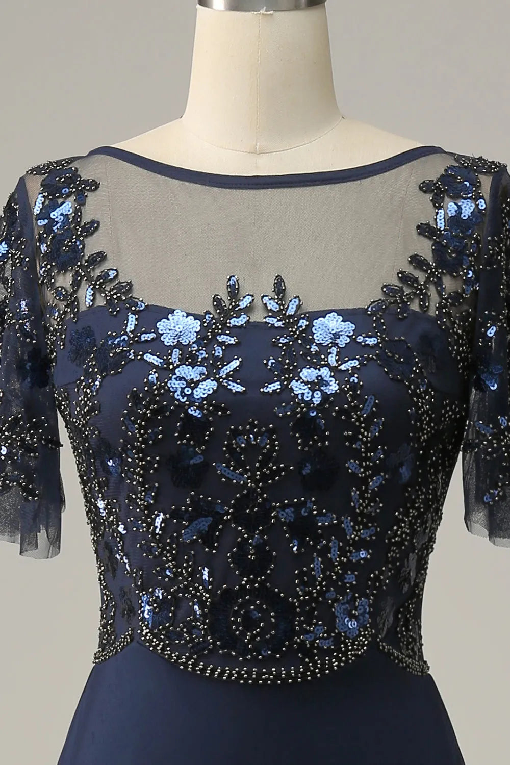 Dark Navy Chiffon A-Line Floor-Length Dress with Beaded Illusion Neckline