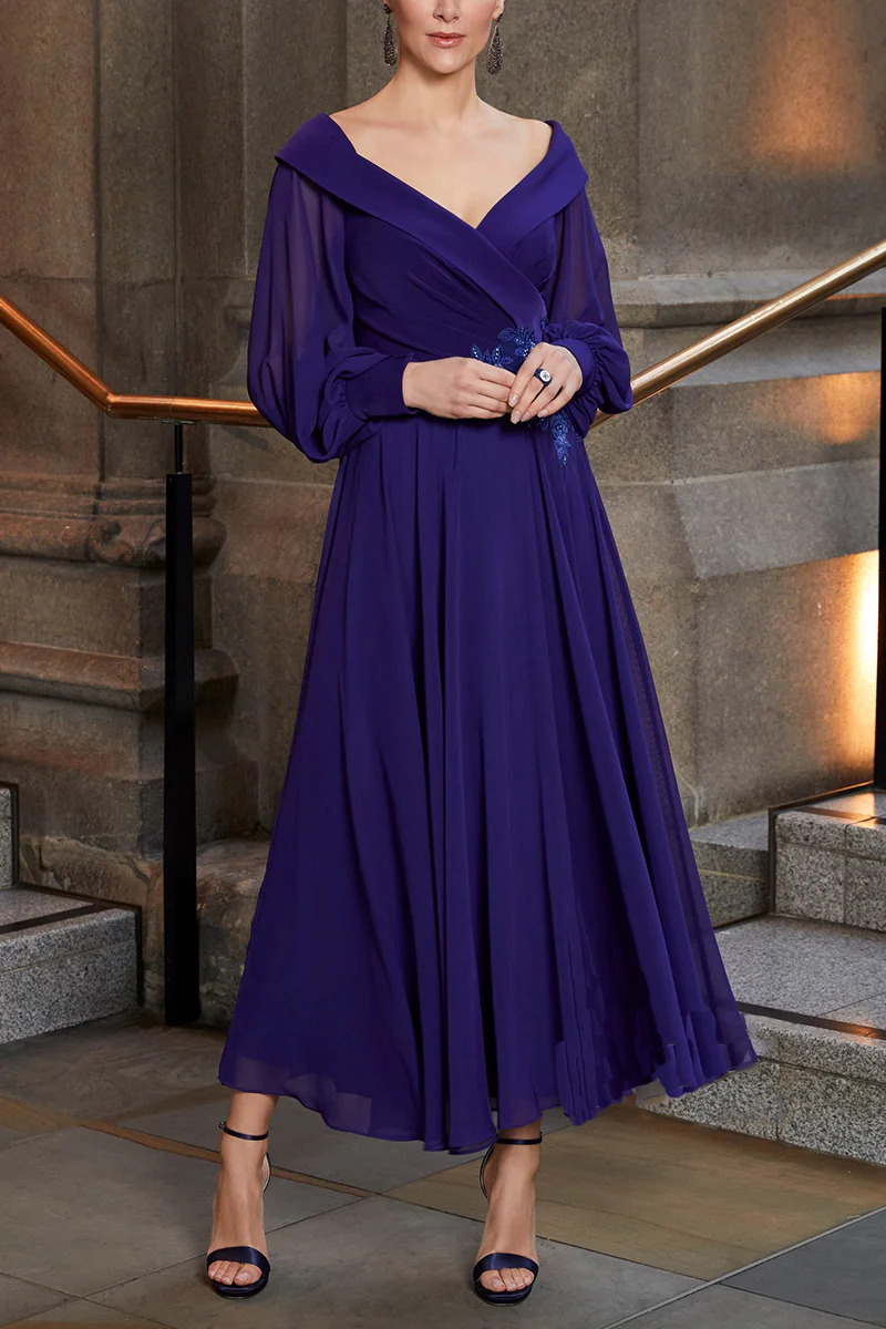 Blushing Pink Chiffon Off-the-Shoulder A-Line Tea-Length Bridesmaid Dress