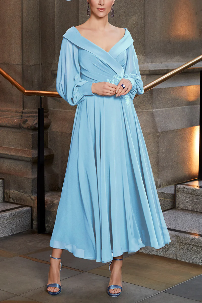 Blushing Pink Chiffon Off-the-Shoulder A-Line Tea-Length Bridesmaid Dress
