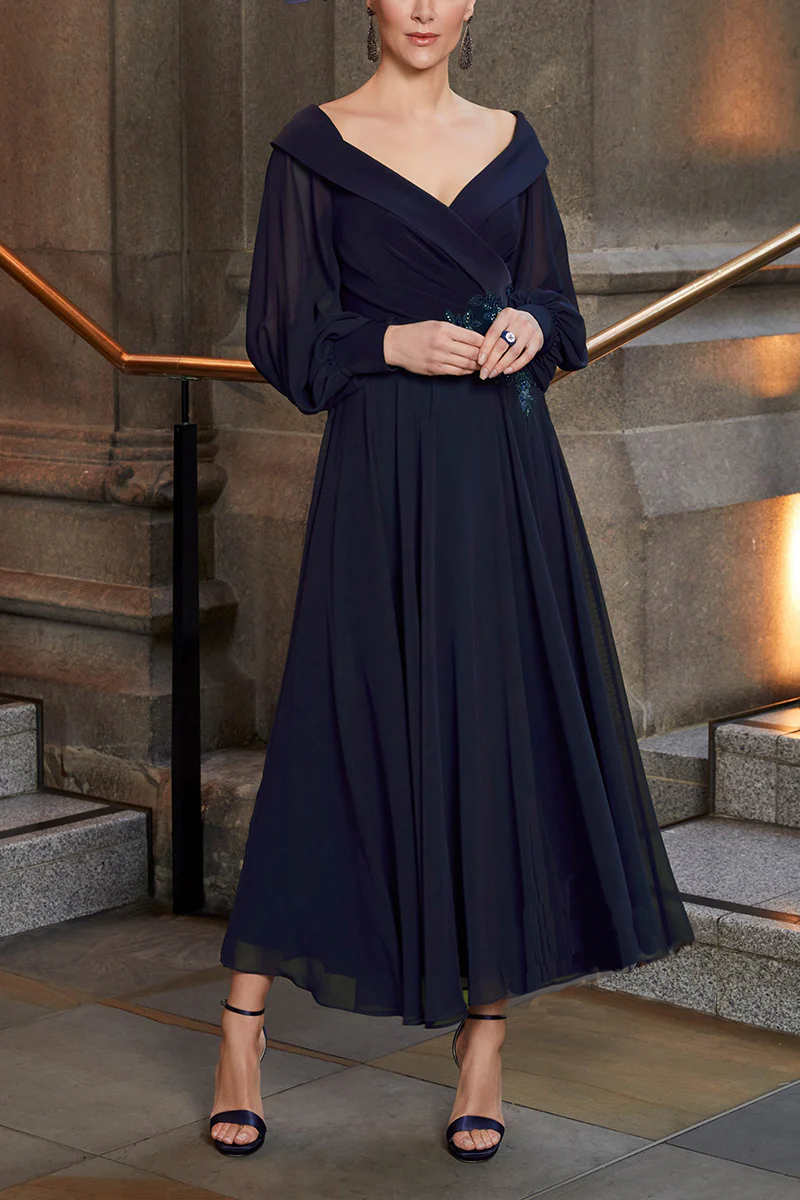 Blushing Pink Chiffon Off-the-Shoulder A-Line Tea-Length Bridesmaid Dress