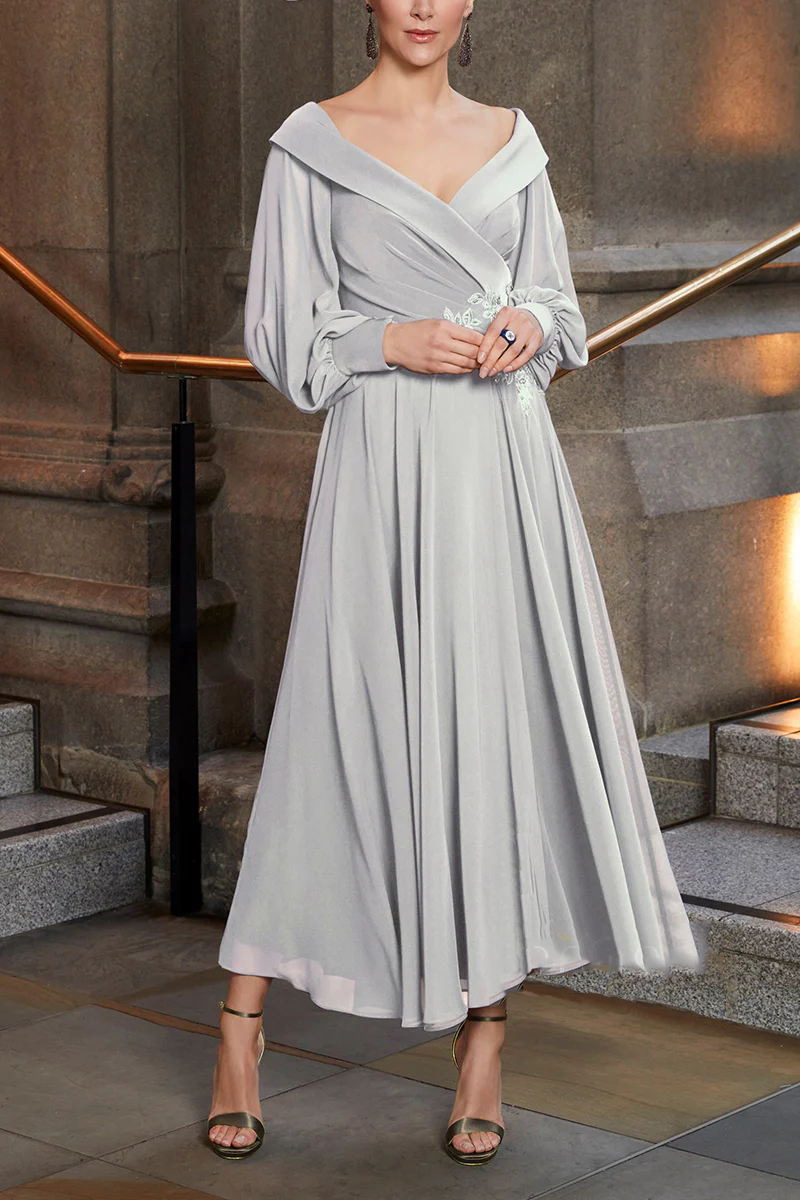 Blushing Pink Chiffon Off-the-Shoulder A-Line Tea-Length Bridesmaid Dress
