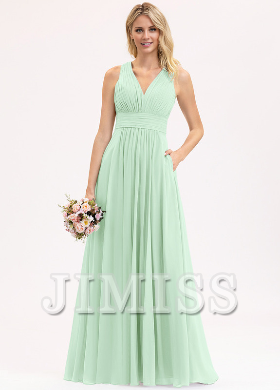 Vestido de dama de honor de gasa con escote en V, largo hasta el suelo y lazo con volantes