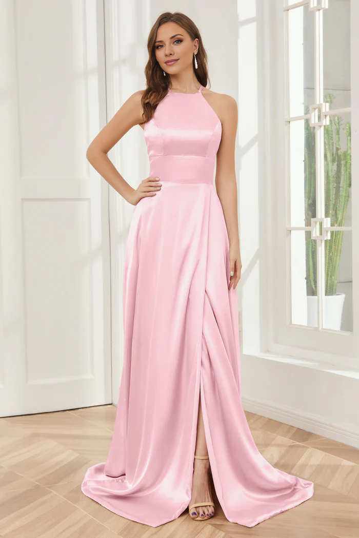 Vestido de dama de honor largo hasta el suelo de satén suave con escote de columna