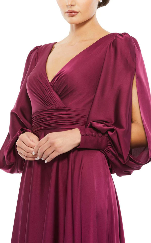 A-line V-neck satin long sleeved back zipper and floor length Prom dress