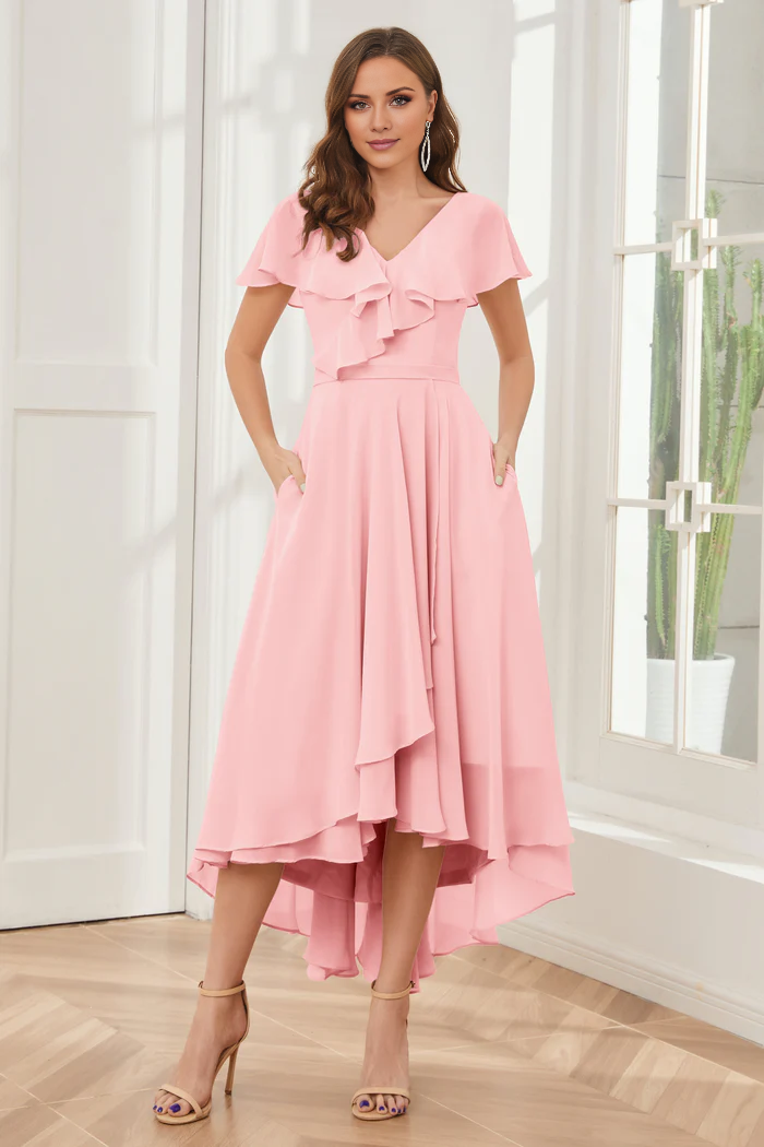 V-neck high-low short sleeved tea long bridesmaid dress