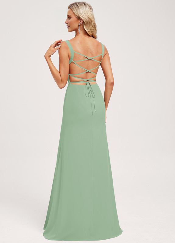 Vestido de dama de honor de gasa con corte trompeta y cola de pez, cuadrado, con corte hasta el suelo