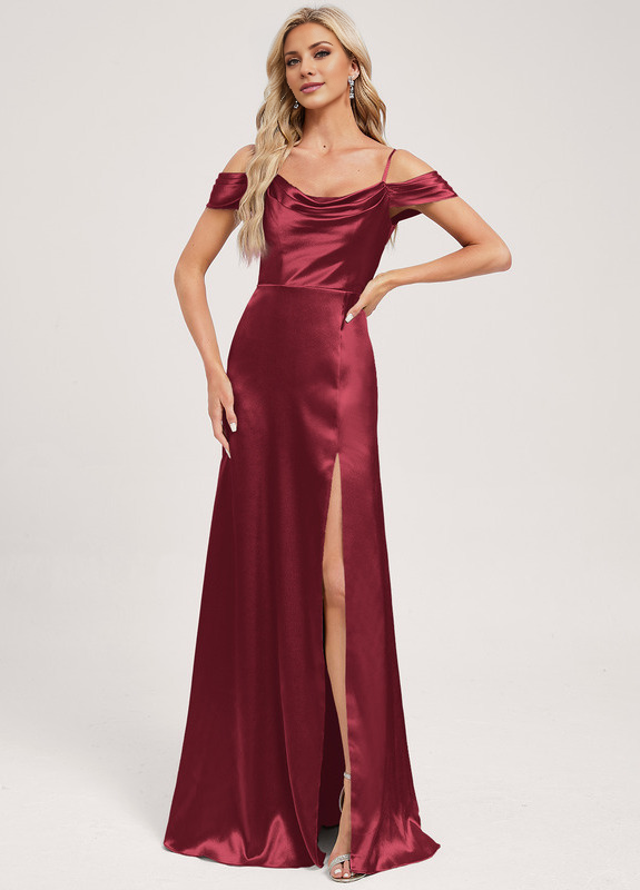 Abito da damigella d'onore a trapezio, con spalle scoperte, lungo fino a terra, con fiocco in raso e volant