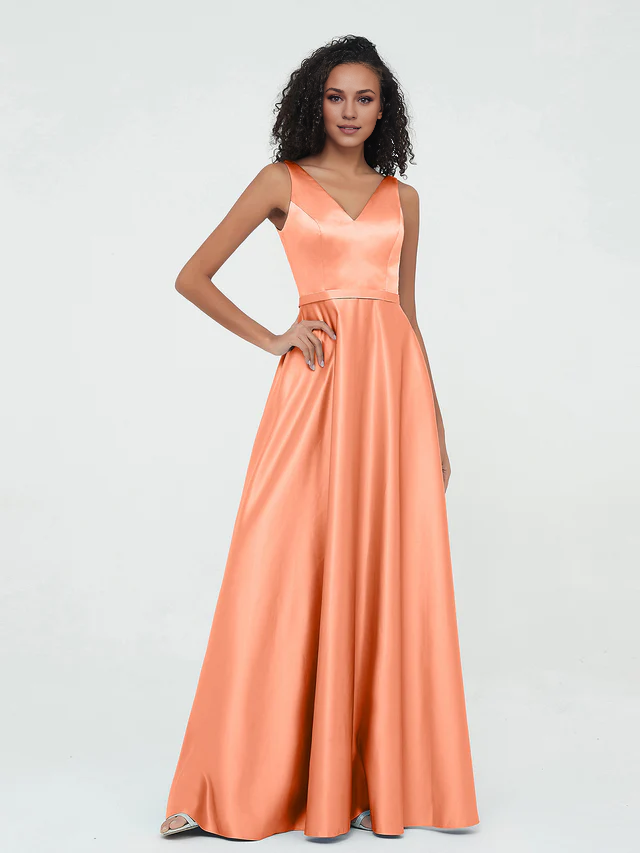 Satin Spaghetti-Strap V-Neck Ruched Bodice A-Line Floor-Length Bridesmaid Dresses