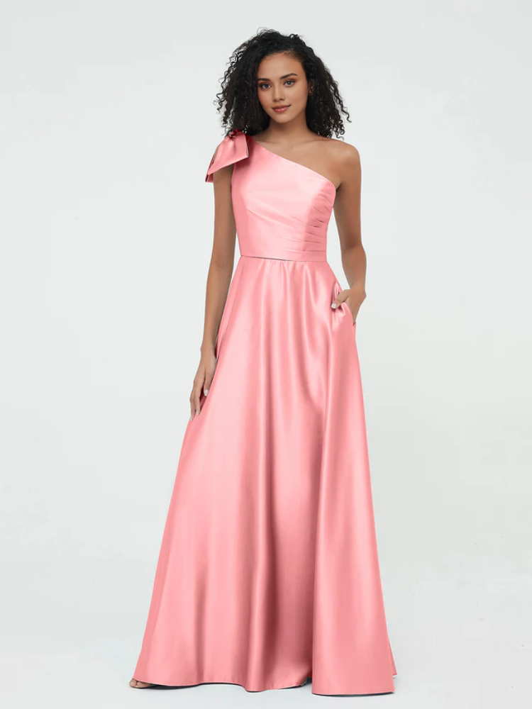 Elegant Satin A-Line One Shoulder Bow Back Maxi Bridesmaid Dress
