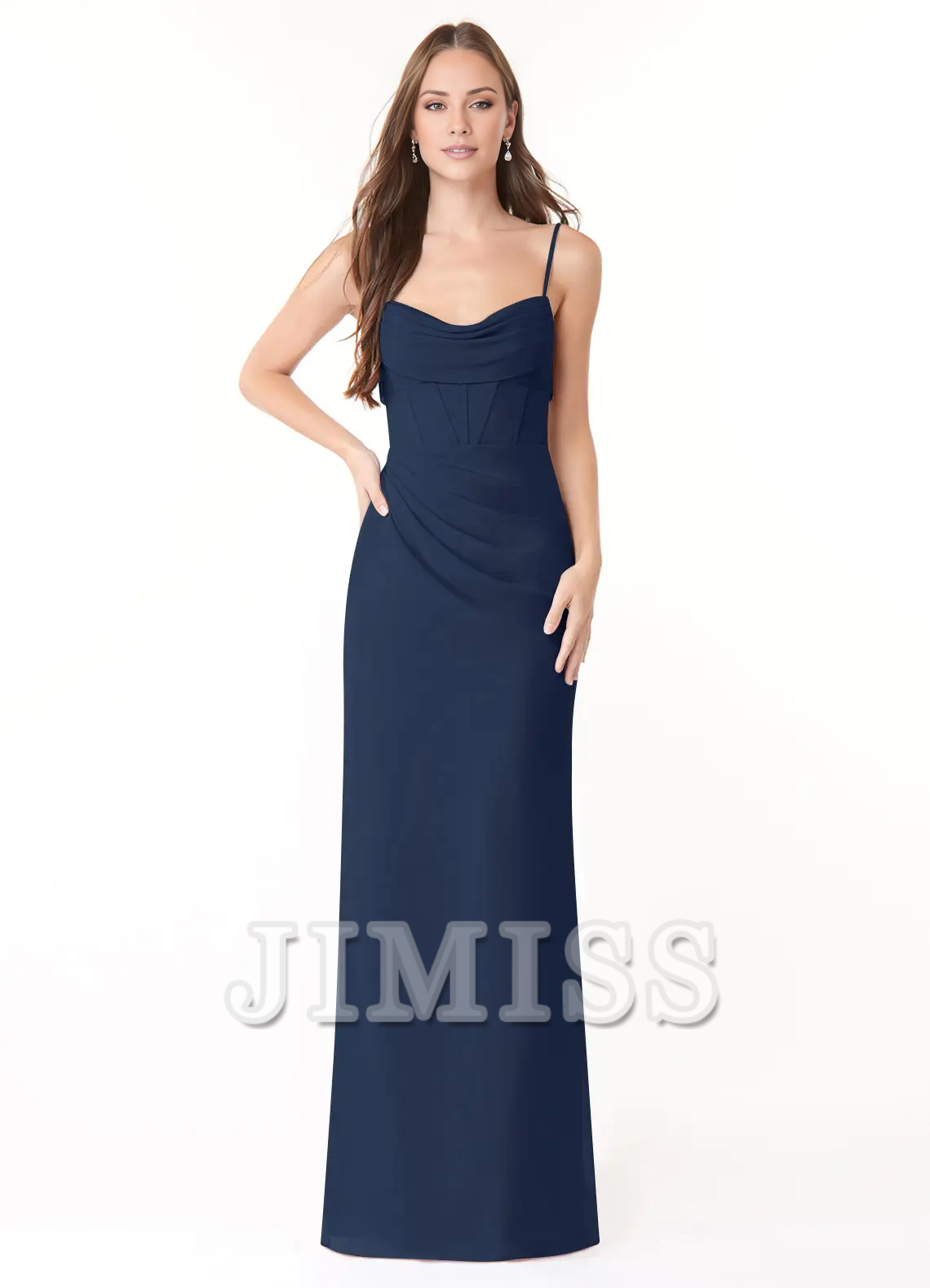 Vestido de dama de honor largo hasta el suelo, de gasa plisada y con corte entallado - Vestido Jimiss 
