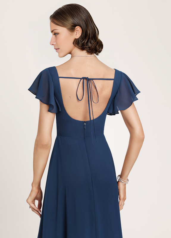 Vestido de dama de honor de gasa con volantes, corte A, cuadrado, largo hasta el suelo