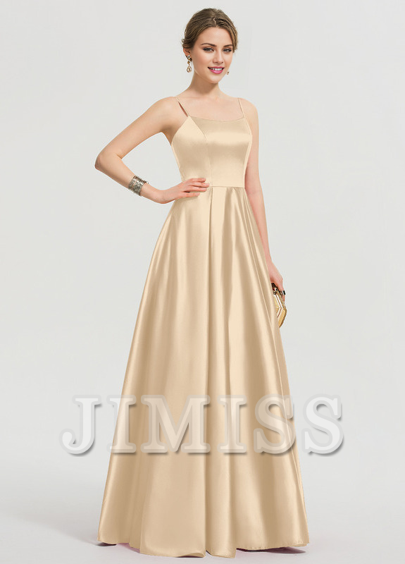 Vestido de fiesta largo hasta el suelo de satén con escote en A y corte cuadrado