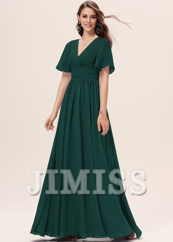 Vestido de dama de honor de gasa con volantes, escote en V y largo hasta el suelo