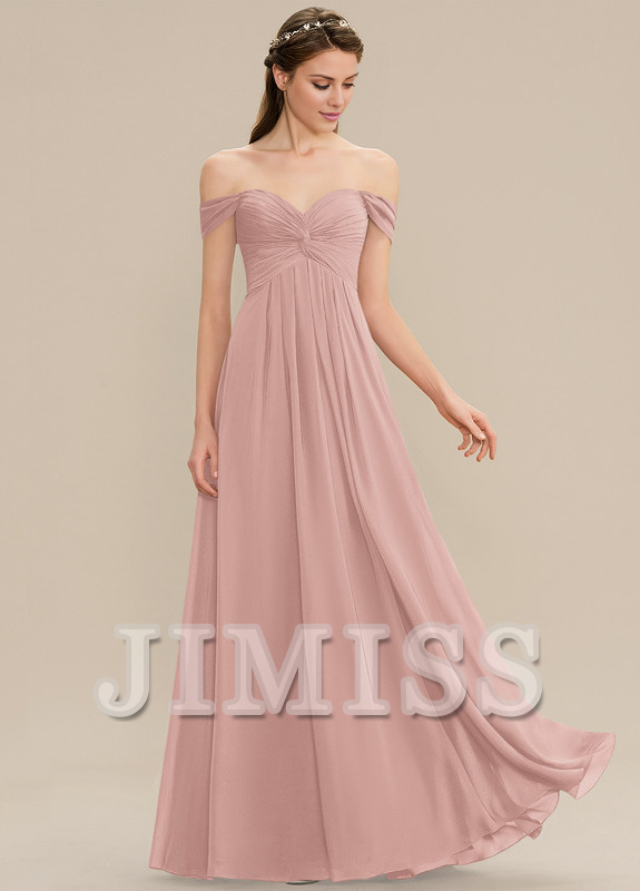 Vestido de dama de honor de gasa con volantes, corte A, hombros descubiertos y largo hasta el suelo