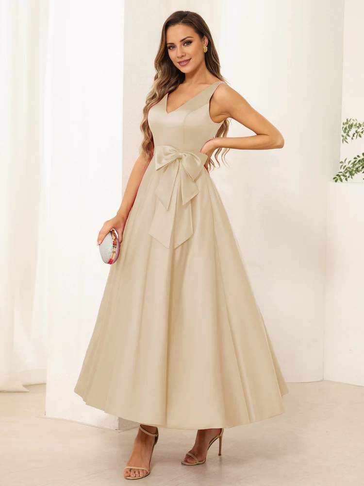 Dark Navy Satin A-Line Tea-Length Bridesmaid Dress with V-Neck and Waist Bow