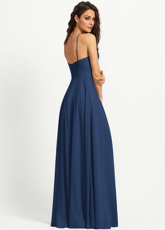 Abito da damigella in chiffon lungo fino al pavimento, con scollo a barchetta e linea ad A