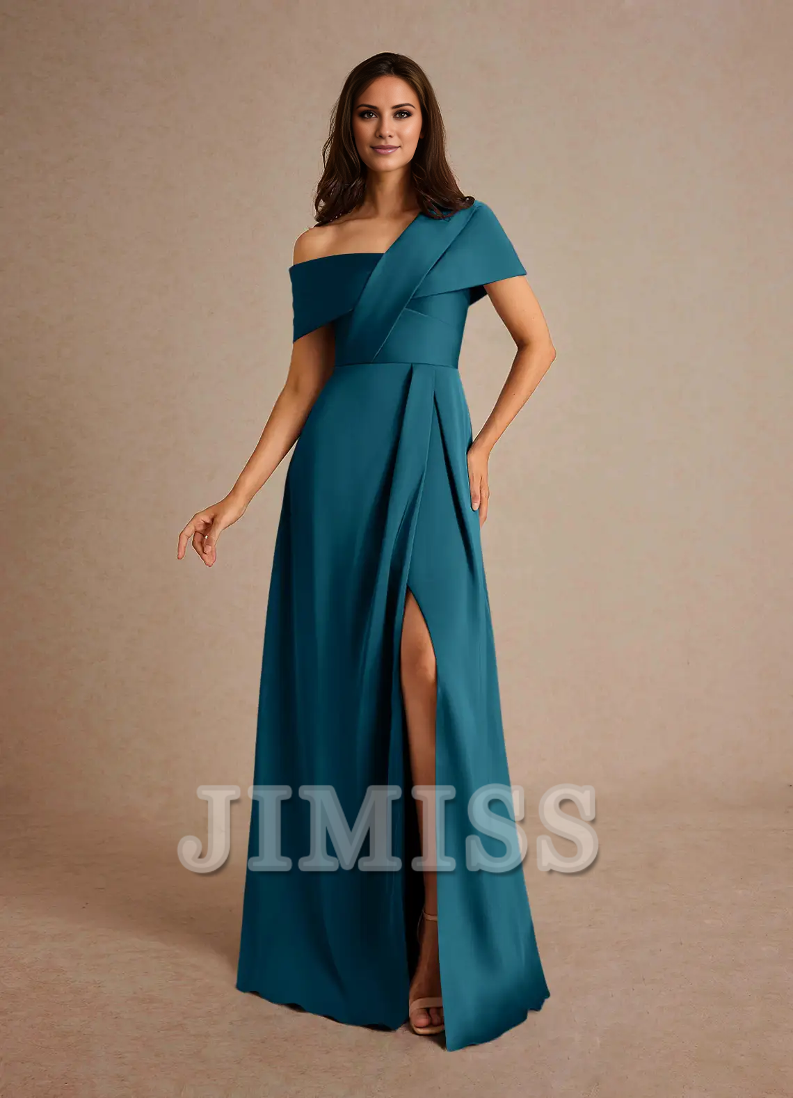 Dark Navy Crepe A-Line Off-the-Shoulder Floor-Length Bridesmaid Dress