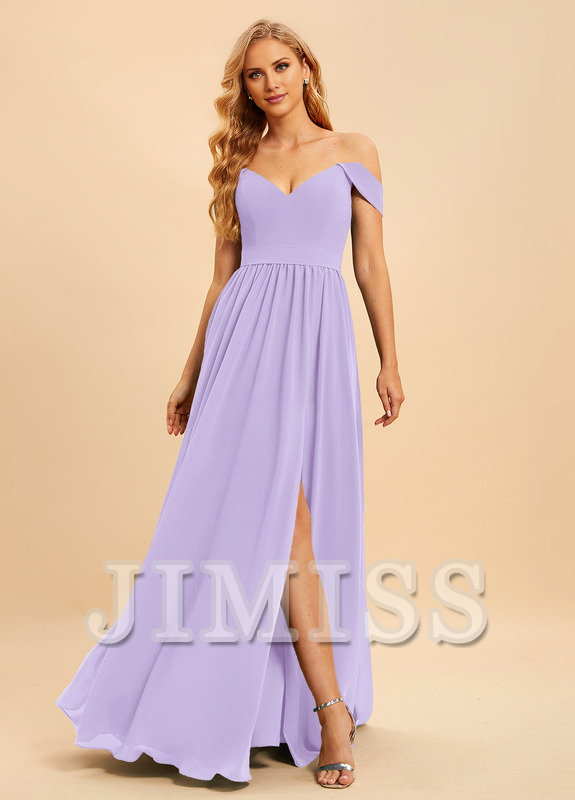 Abito da damigella d'onore in chiffon lungo fino a terra, con spalle scoperte e linea ad A