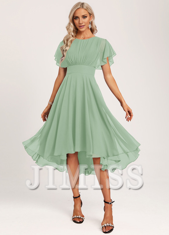 Vestido de dama de honor asimétrico de gasa con volantes, corte A y cuchara