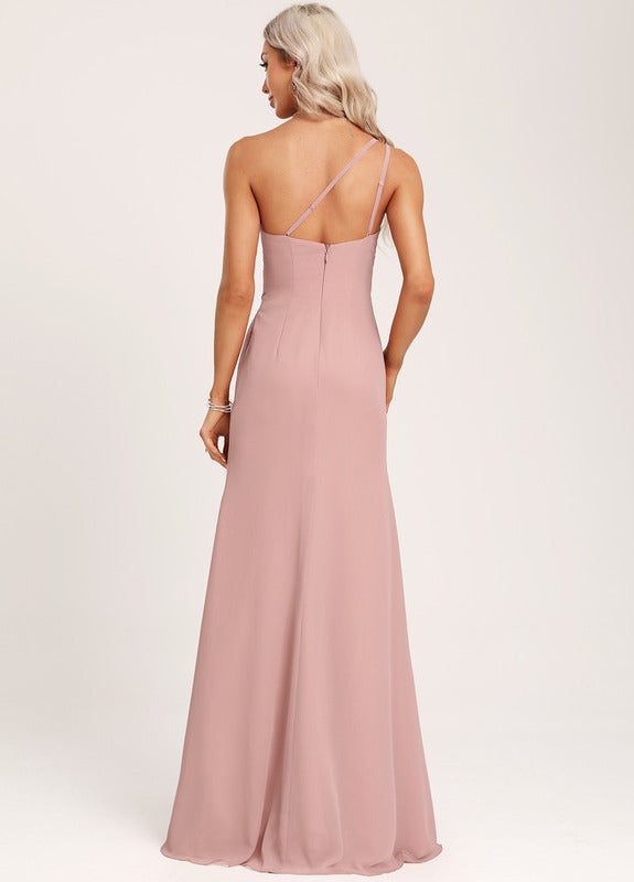 Ruffled A-line One Shoulder Floor Length Chiffon Bridesmaid Dress