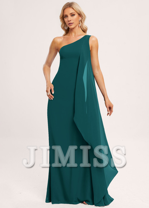 Vestido de dama de honor de gasa con volantes, corte A, un hombro al aire y largo hasta el suelo