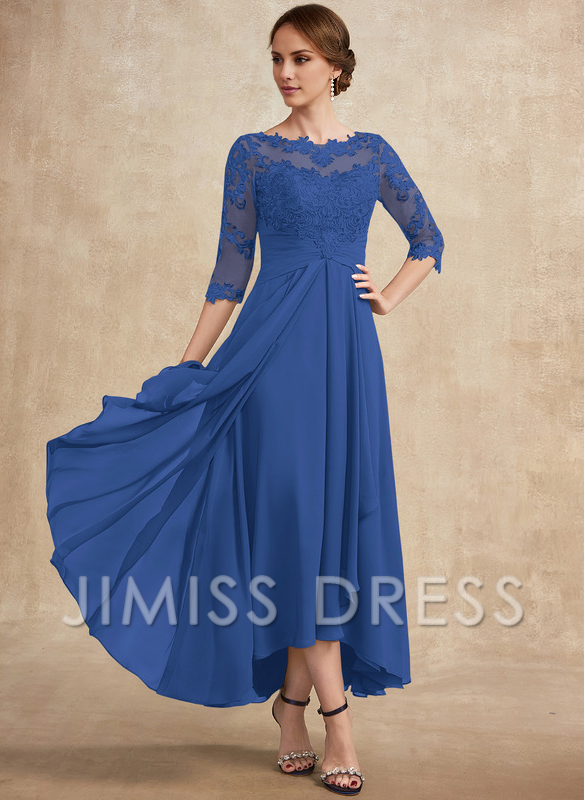 Slate Blue Chiffon A-Line Asymmetrical Evening Dress with Lace Bodice and Boat Neck