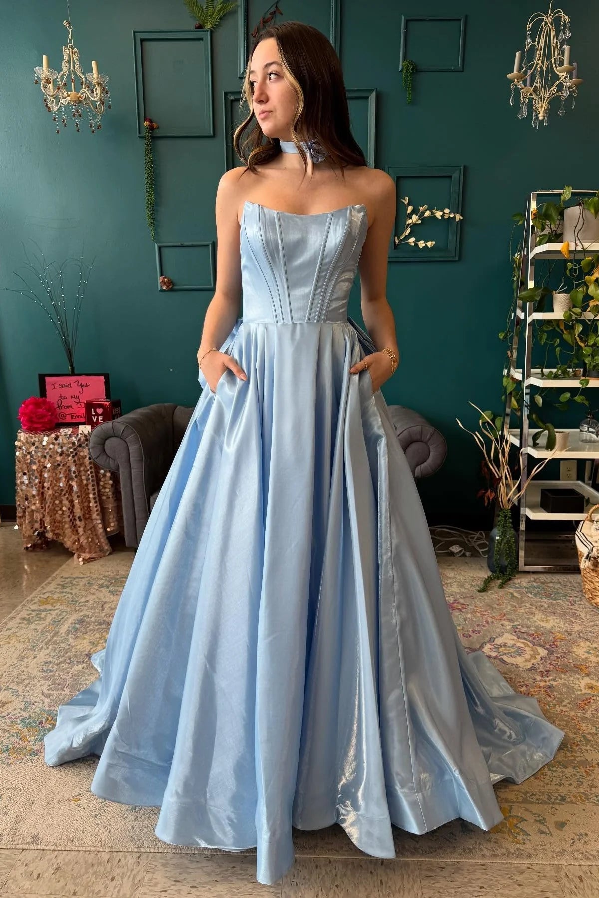 Light Blue Satin Strapless A-Line Prom Gown