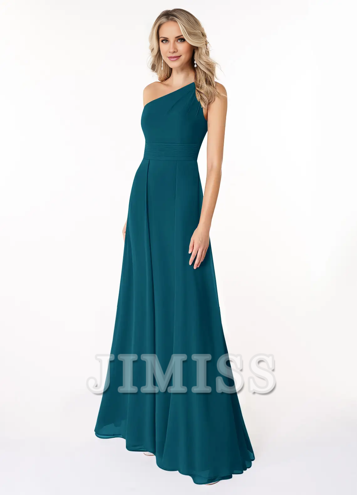 Vestido de gasa con hombros en forma de A y vestido de dama de honor largo hasta el suelo - Vestido Jimiss 