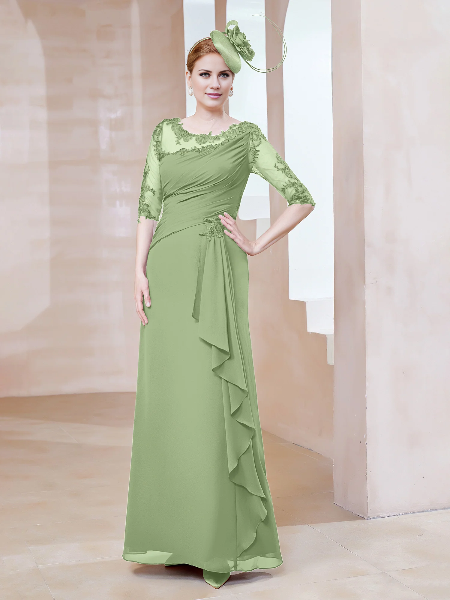 Vestido de madre de la novia ajustado, con escote redondo bajo de encaje y bordes con volantes.